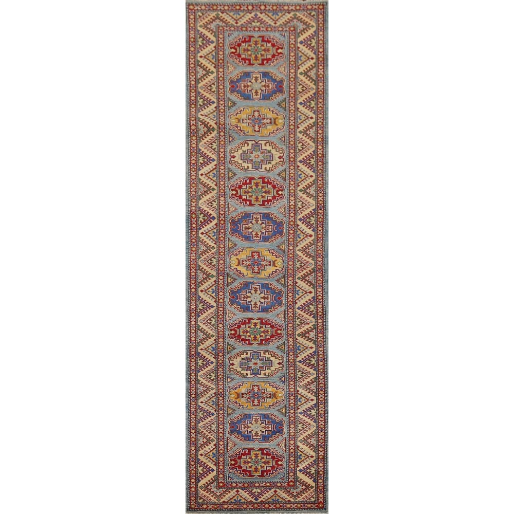 Light Blue Kazak Oriental Runner Rug Hand-Knotted Wool Carpet - 2'7" x 12'9"