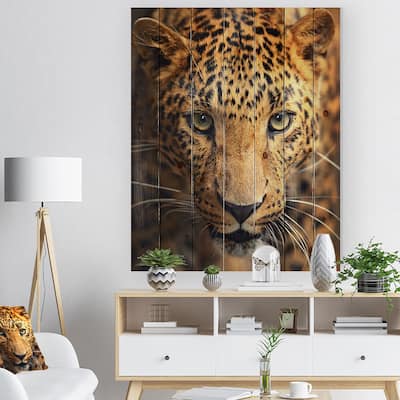 Designart 'Leopard Face Close Up' Abstract Print on Natural Pine Wood - Brown