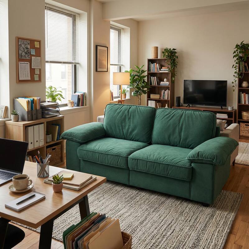 Roomfitters Modern Overstuffed Upholstered Sofa with Hidden Storage and Padded Arms, Comfy Loveseat for Small Space