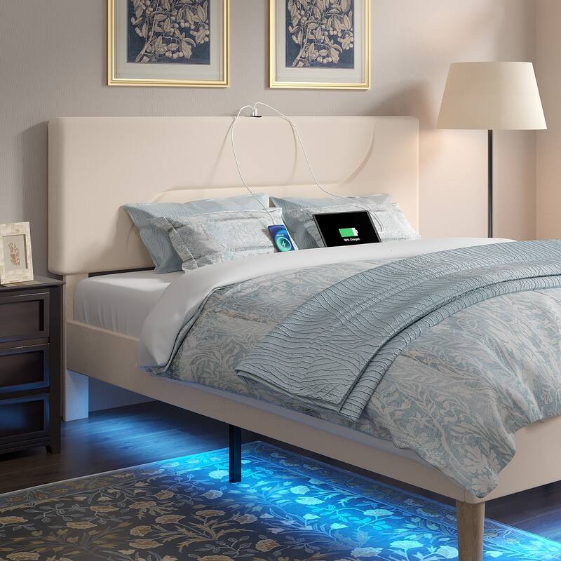 Javlergo Bed Frame with Smart LED Lights, Velvet Bed Frames with USB Charging Station, Modern Platform Bed