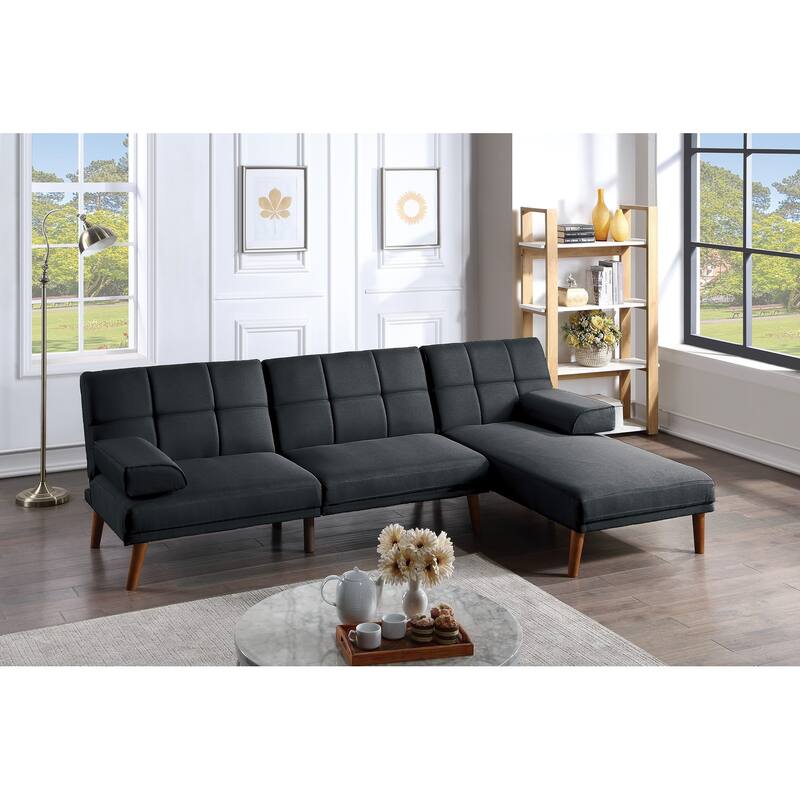 Adjustable Tufted Sofa with Solid Wood Legs, Black, Polyfiber