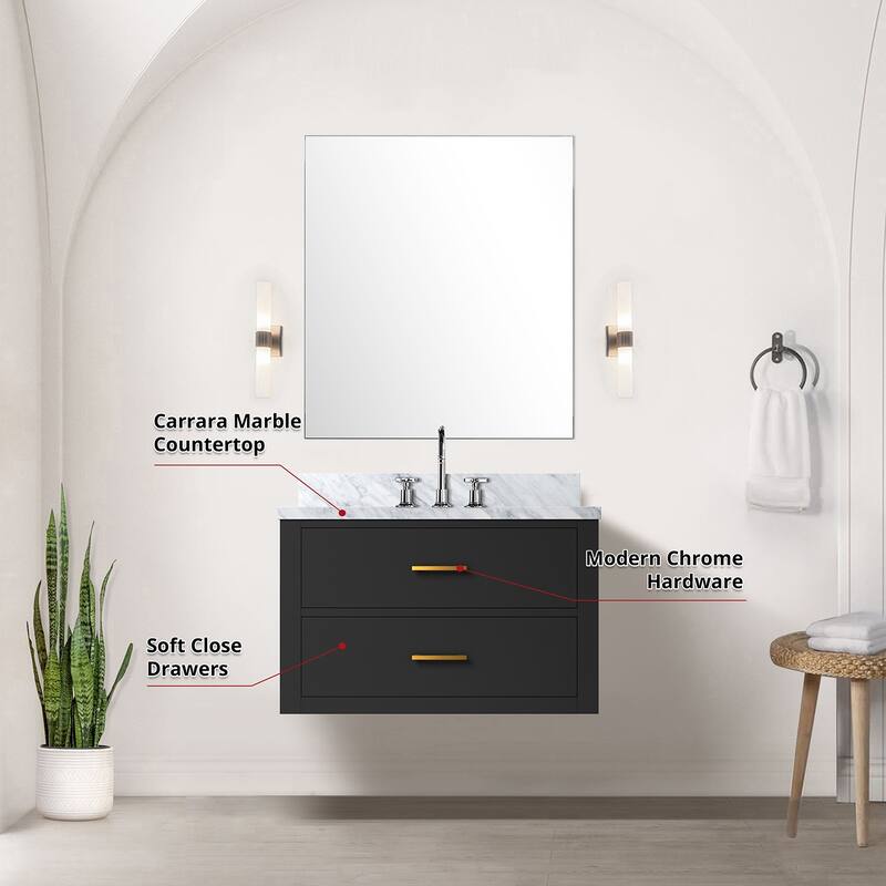 Bathroom Vanity Set with Carrara Marble Countertop, 28" Mirror, Chrome Gooseneck Faucet, Fully Assembled