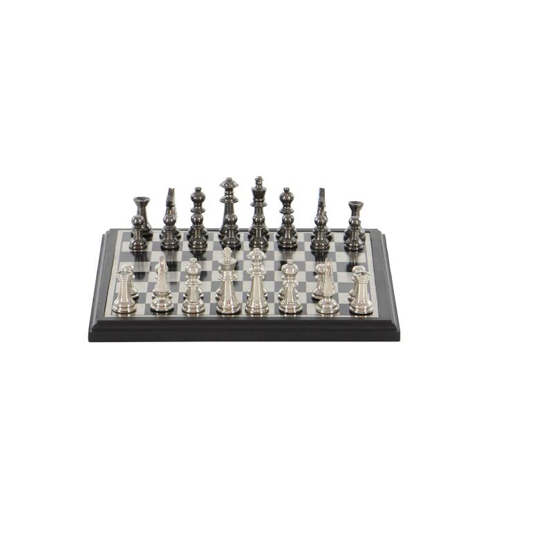 Aluminum Metal Chess Game Set with Black and Silver Pieces - Silver - Roche River Decor