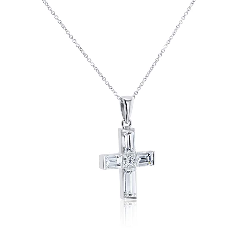 Kobelli 2.9 Carats Natural Diamond Solid 18k White Gold Princess and Baguette-cut Religious Cross Faith Necklace (FG/VS)