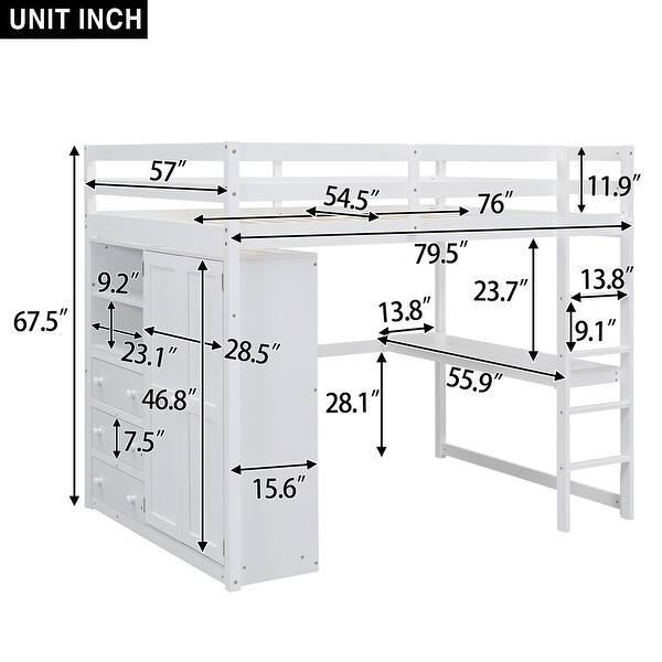 Full Size Loft Bed with Wardrobe, Desk, Shelves, Drawers, Grey, Wood Frame