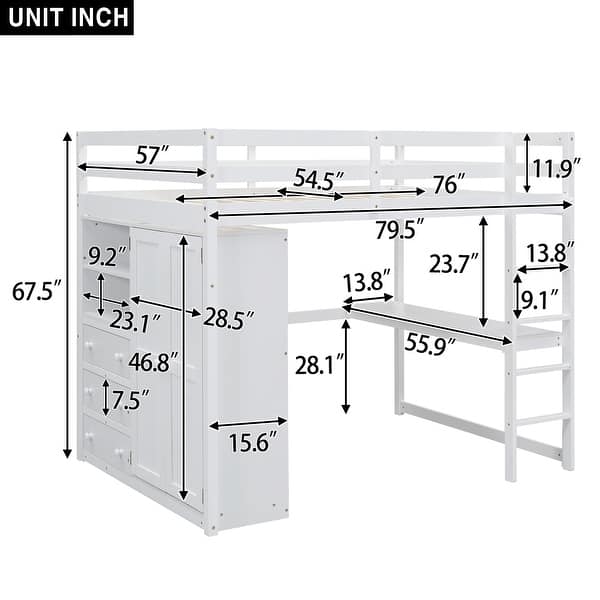 White Full Size Solid Wood Loft Bed with Built-in Wardrobe, Desk, Storage Shelves and Drawers