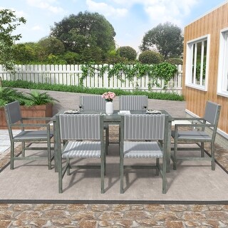 Wisteria Lane Patio Dining Sets For 8, All Weather Rattan Outdoor Table And Chairs With Acacia Wood Tabletop, Patio Dining Furniture With Removable Cushions For Deck Garden, Backyard, Gray
