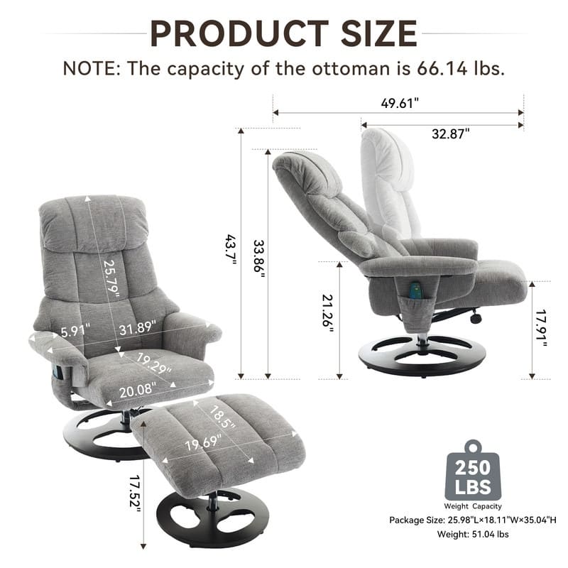 Modern 360°Swivel Recliner Chair with Ottoman,5 Point Vibration Massage