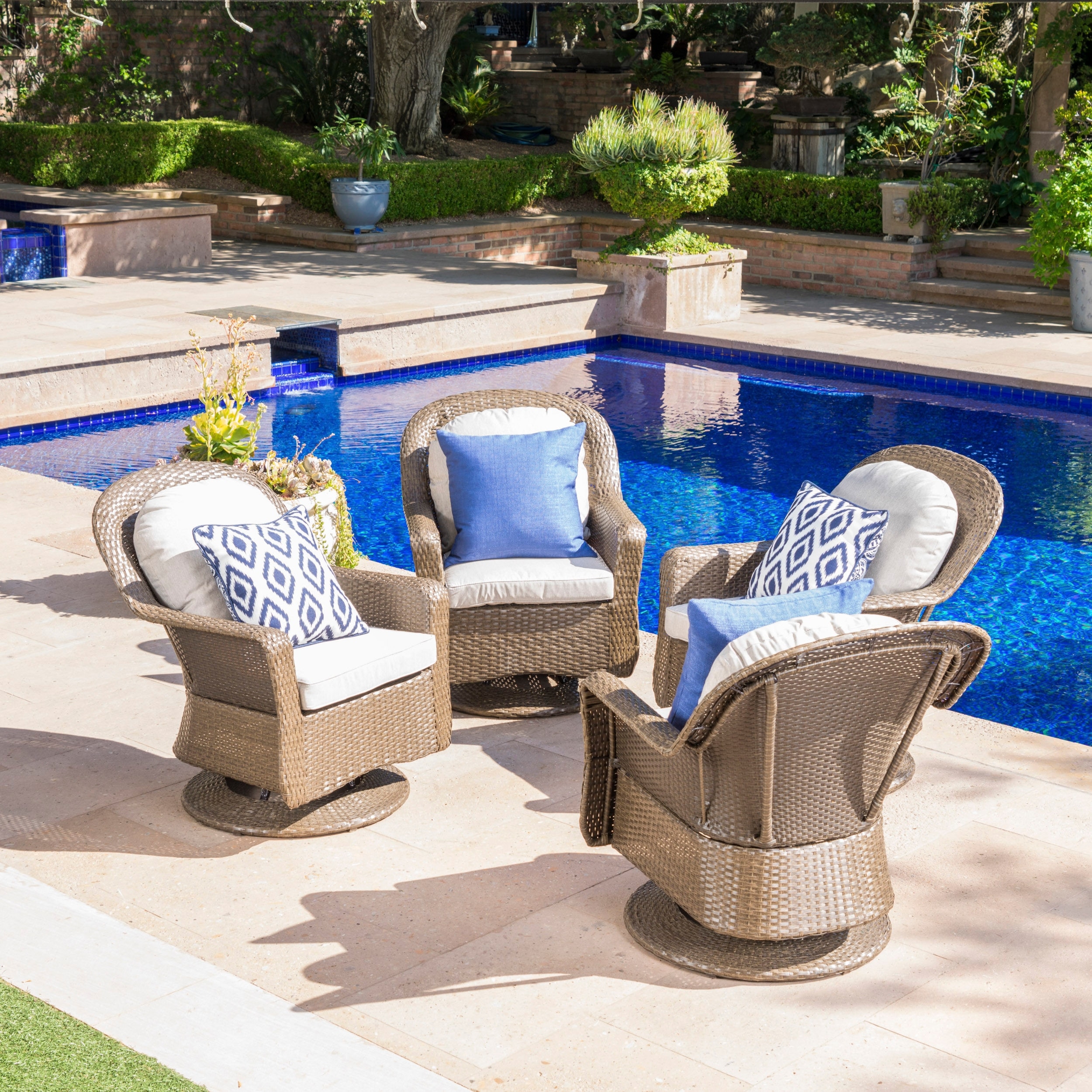 Liam Outdoor Wicker Outdoor Swivel Club Chairs w Cushions Set of