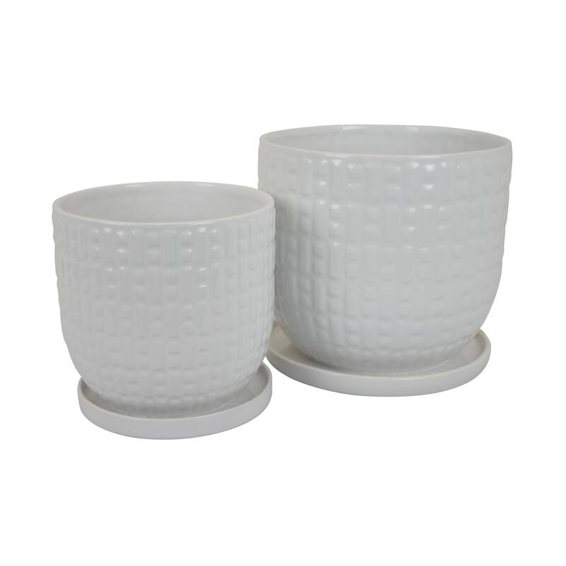 Set of 2 Ceramic Planters,Dotted Chequered Texture, White Glaze Finish - White