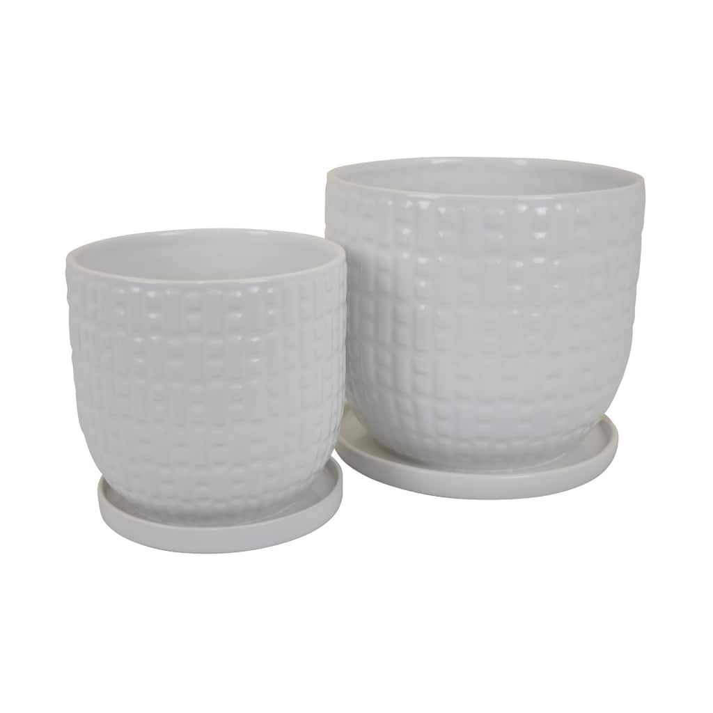 Set of 2 Ceramic Planters,Dotted Chequered Texture, White Glaze Finish