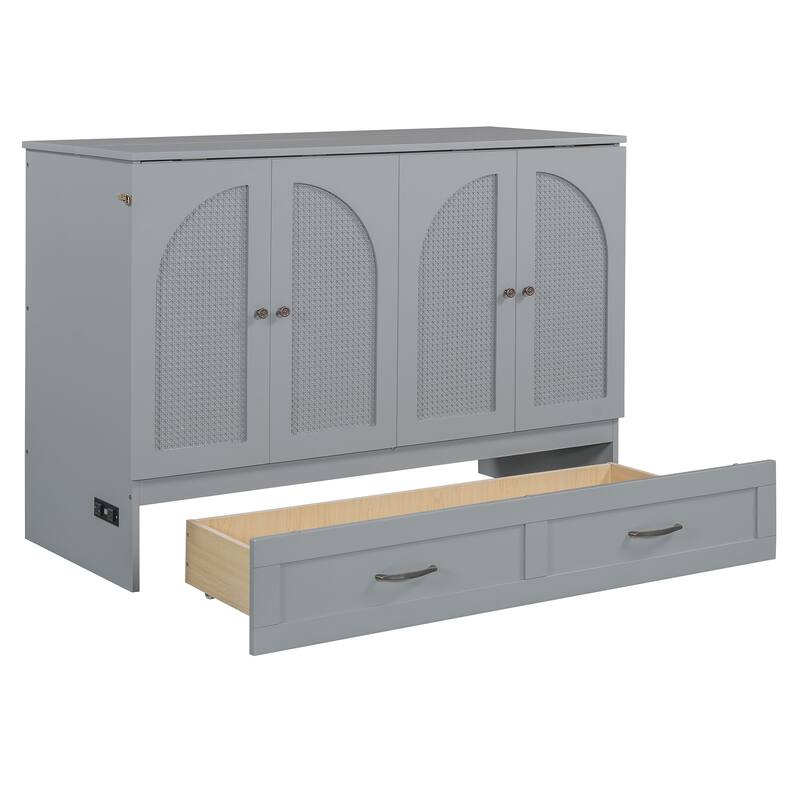 Full Size Murphy Bed Cabinet with Charging Station & A Large Drawer, Foldable Pull Out Wall Bed for Apartments, Bedrooms, Studio