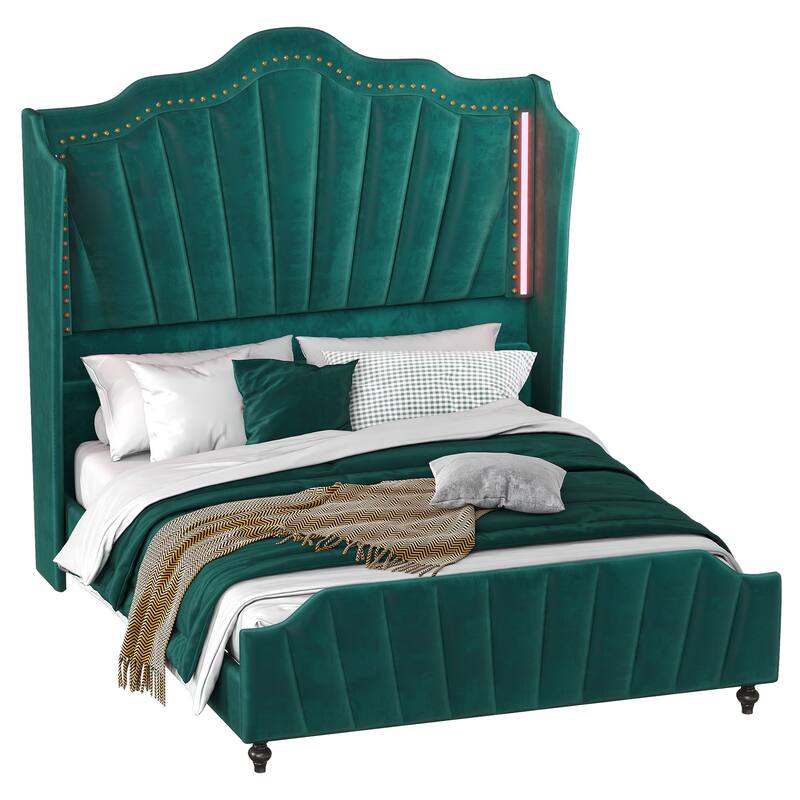 Velvet Upholstered Platform Bed Frame with 60" Tall Wingback Headboard