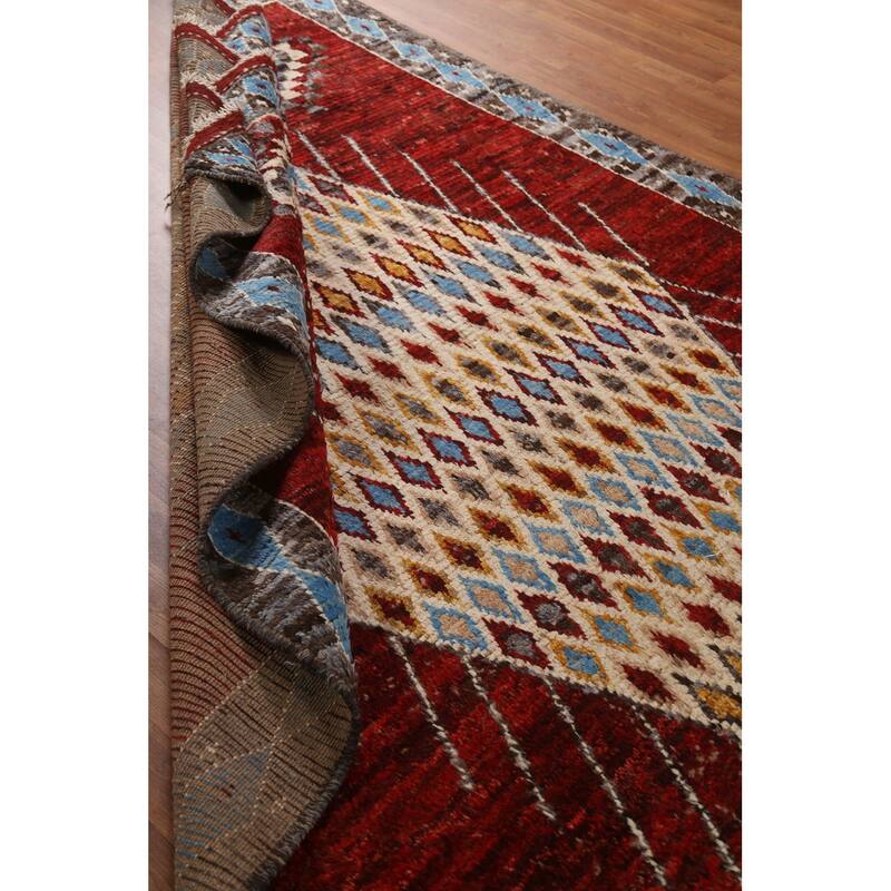 Hand Knotted Oriental 100% Wool Carpet Modern Tribal Red Moroccan Area Rug - 10' 3'' X 6' 7''