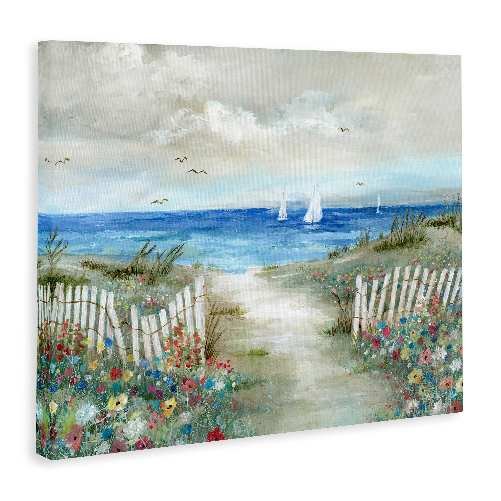 Stupell Gorgeous Beach Scene Poppies Blooming White Fence Ocean  Canvas Wall Art-image