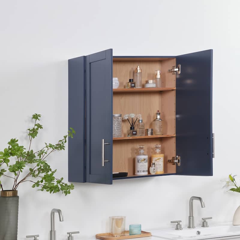 Wooden Wall-Mounted Cabinet with Double Doors and Shelves. - Blue - 7.63in. W X24.00in.DX30.00in. H