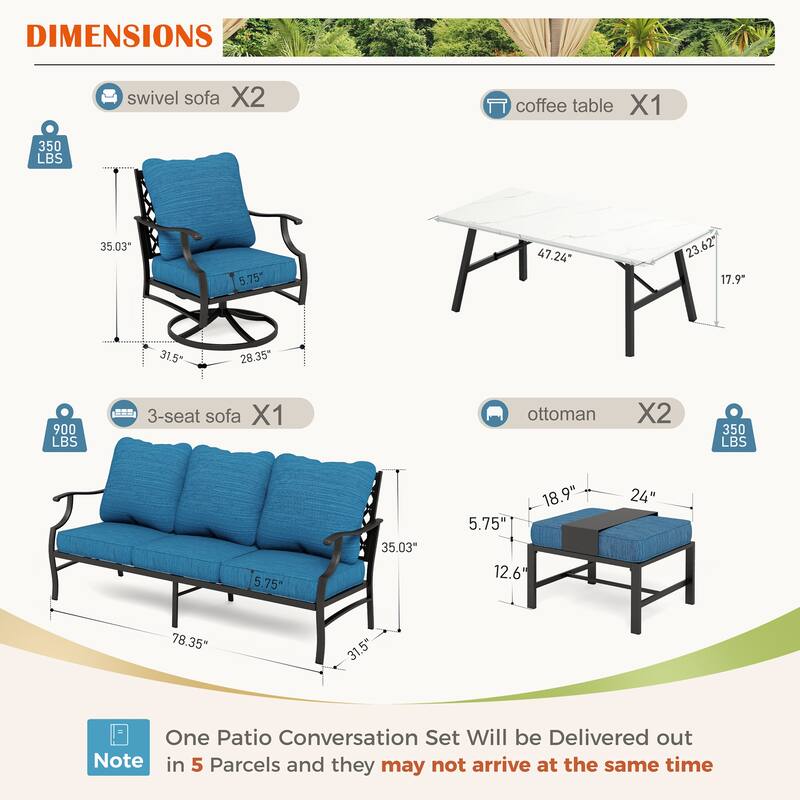 MAISON ARTS 6/7-Piece Patio Conversation Sets, Sofa Set with 2/4 x Single Chairs, 1 x 3-seater Sofa and Coffee Table/Ottomans