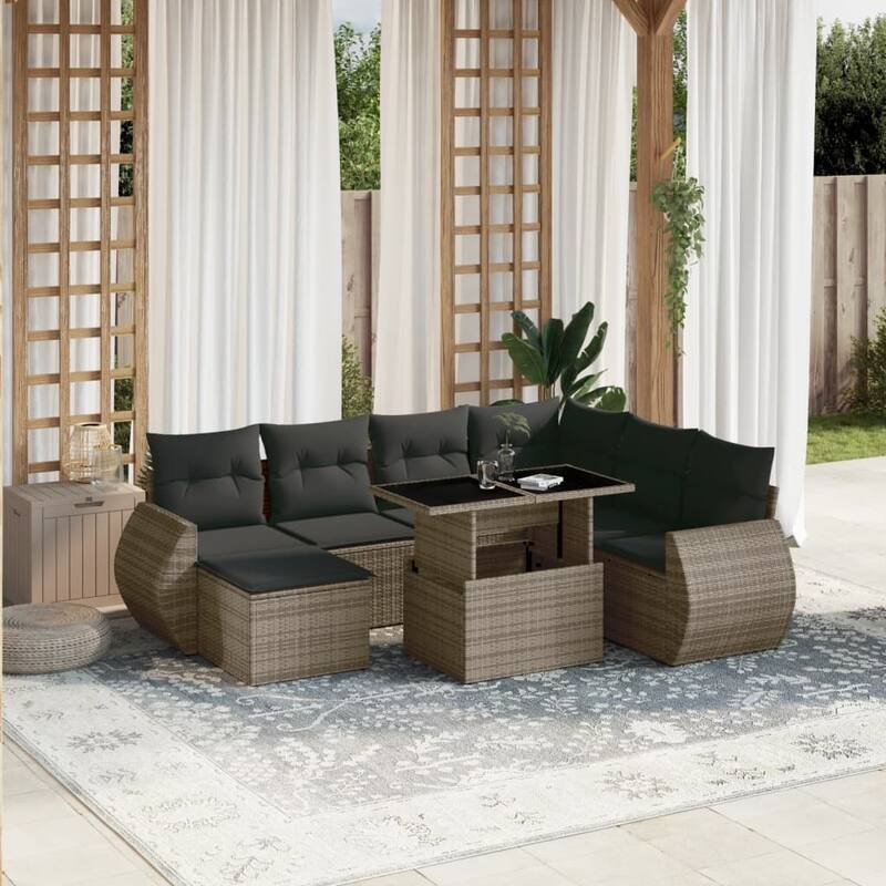 vidaXL Patio Sofa Set with Cushions Outdoor Furniture 8 Piece Poly Rattan - Grey - 21.7 x 39.4 x 28.7