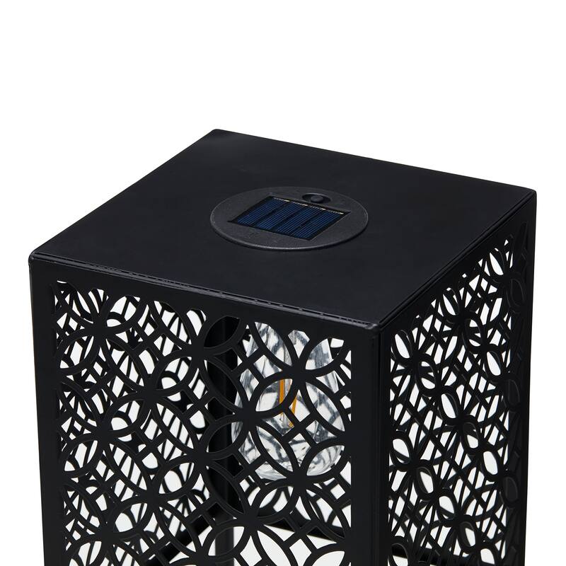 Glitzhome Set of 2 Black Metal Cutout Pattern Solar Powered Edison Bulb Outdoor Floor Lantern or planter stands