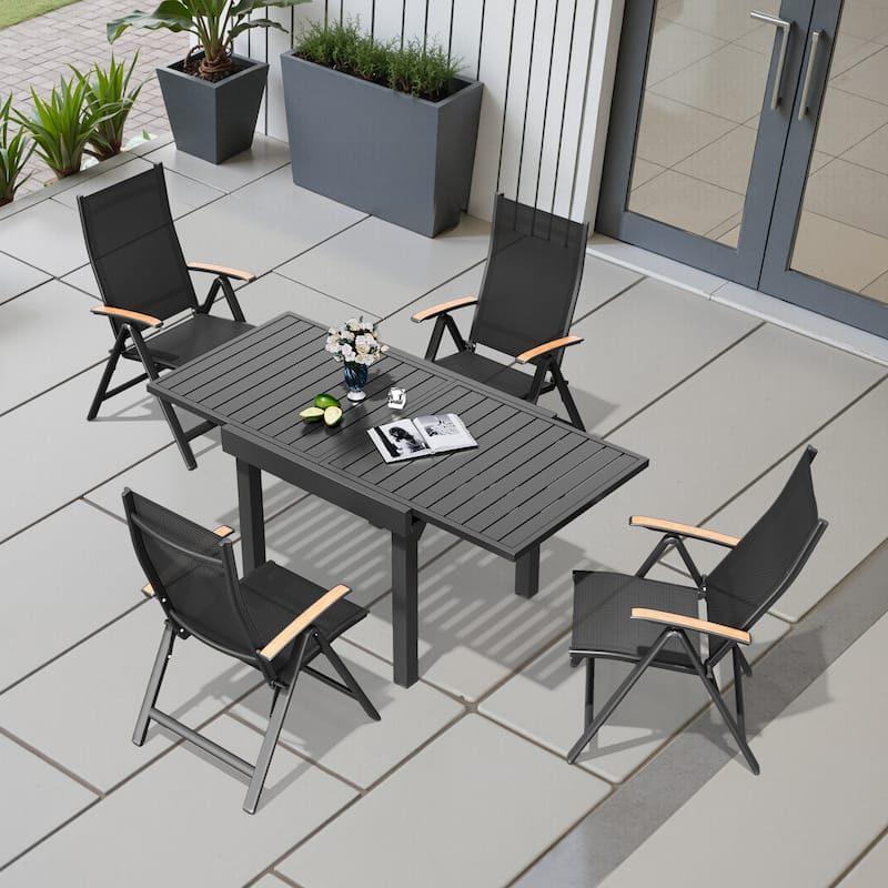 5/7/11PC Outdoor Aluminum Expandable Rectangle Patio Dining Table with Folding Chairs - 5PC-DarkGrey-Table&Black-Chair