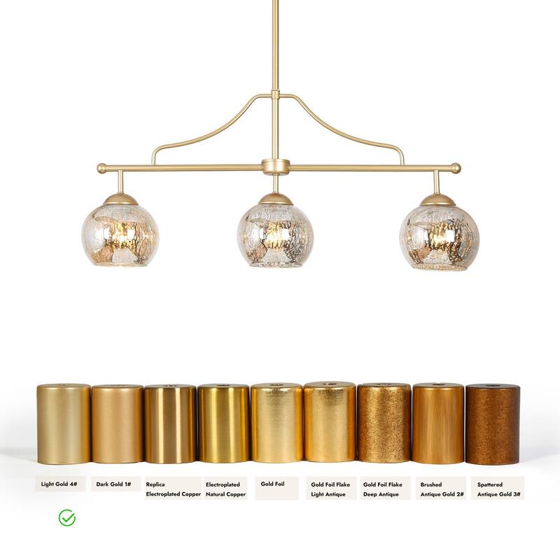 Ziv Mid-Century Modern 3-Light Gold Linear Chandelier Mercury Glass Island Lights for Dining Room - 28.5" L x 5.5" W x 13" H
