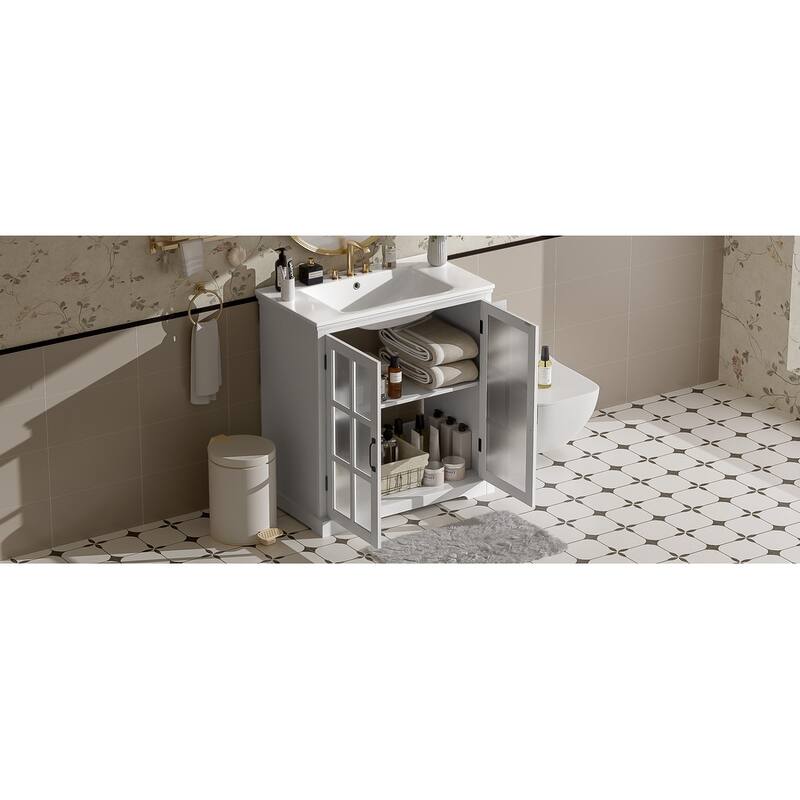 Roomfitters 30" Modern Bathroom Vanity with Ceramic Sink, Cabinet with Tempered Blurred Glass