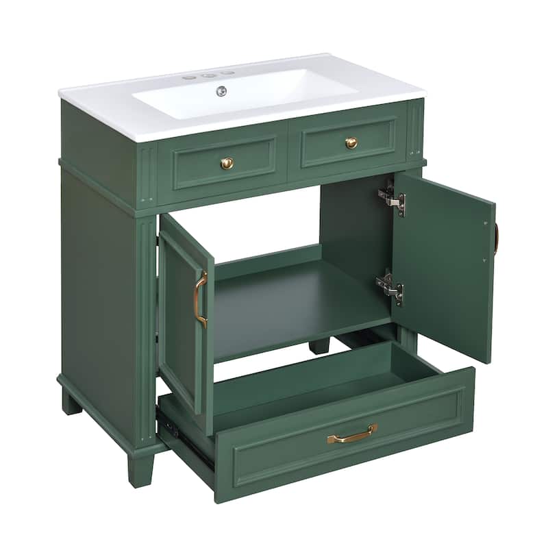 30''Bathroom Vanity With Ceramic Sink,Solid Wood Frame Bathroom Storage Cabinet With Soft Closing Doors,Retro Style