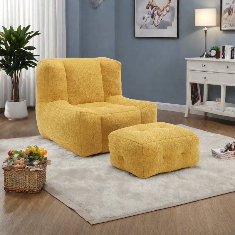 Velvet Memory Foam Bean Bag Super Soft Lounge Chair with Ottoman - Yellow