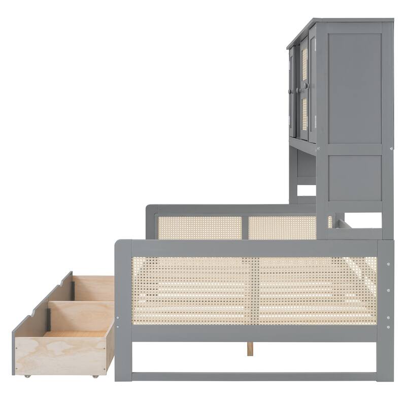 Full Size Wooden Daybed with 2 Drawers and All-in-One Cabinet and Shelf for Practical Bedroom Storage, Platform Bed Frame