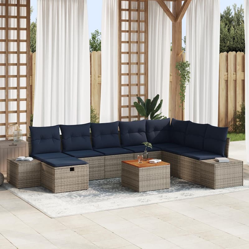 vidaXL 9 Garden Sofa Set with Cushions Black/Grey Poly Rattan - 125.6 x 82.3 x 27.2 - Grey