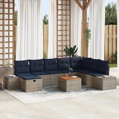 vidaXL 9 Garden Sofa Set with Cushions Black/Grey Poly Rattan - 125.6 x 82.3 x 27.2