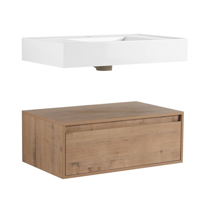 30" Wall-Mounted Bathroom Vanity with Resin Sink, Soft-Close Drawer & Adjustable Side Cabinets, Easy Assembly