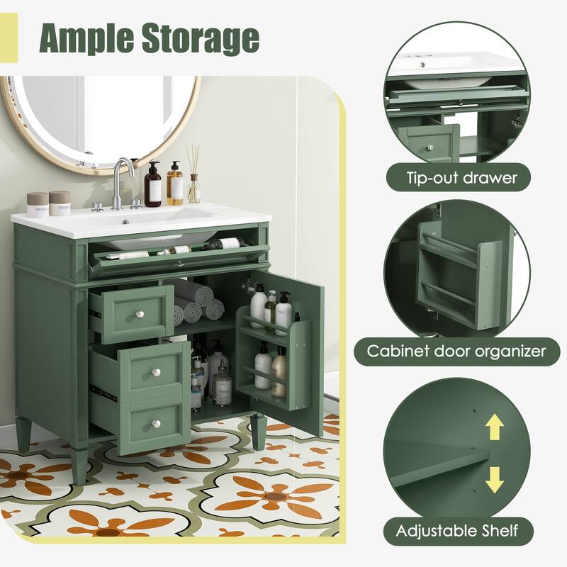 Modern 30" Bathroom Vanity, Single Sink with 2 Drawers, Tip-Out Drawer & Soft-Close Cabinet for Bathroom Storage