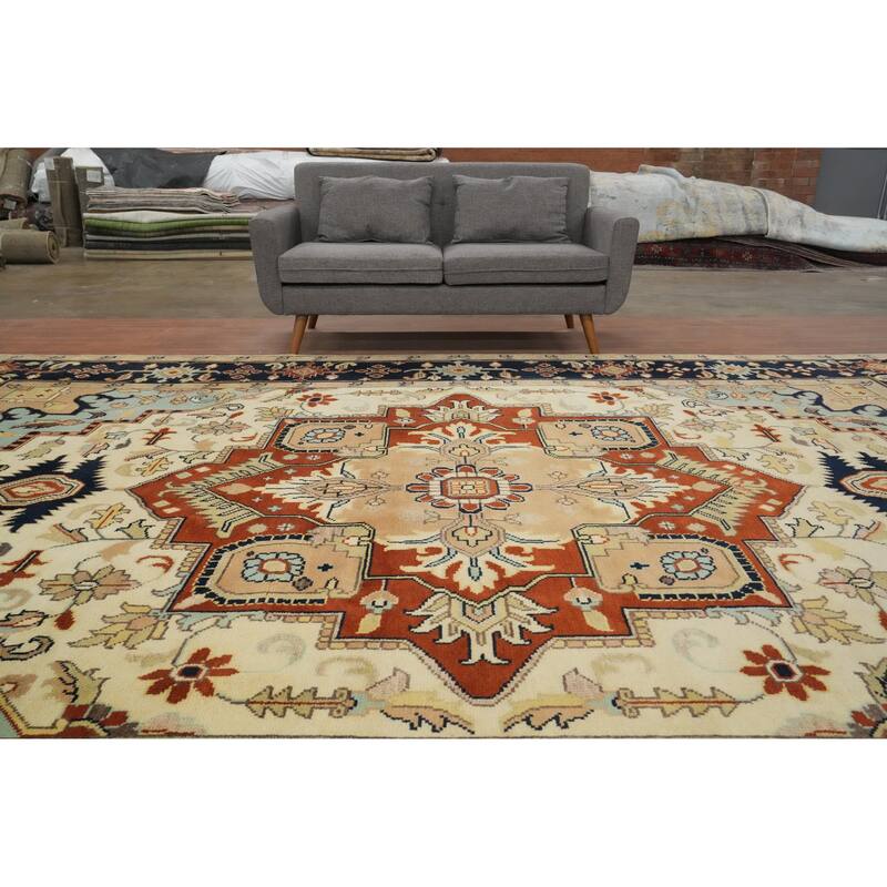 Hand Knotted Oriental 100% Wool Carpet Transitional Medallion Beige & Ivories Oushak Area Rug - 13' 9'' X 9' 10''