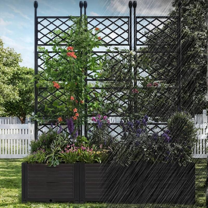 3 Compartment Raised Garden Bed with Trellis & Privacy Screen, Garden Planter Box
