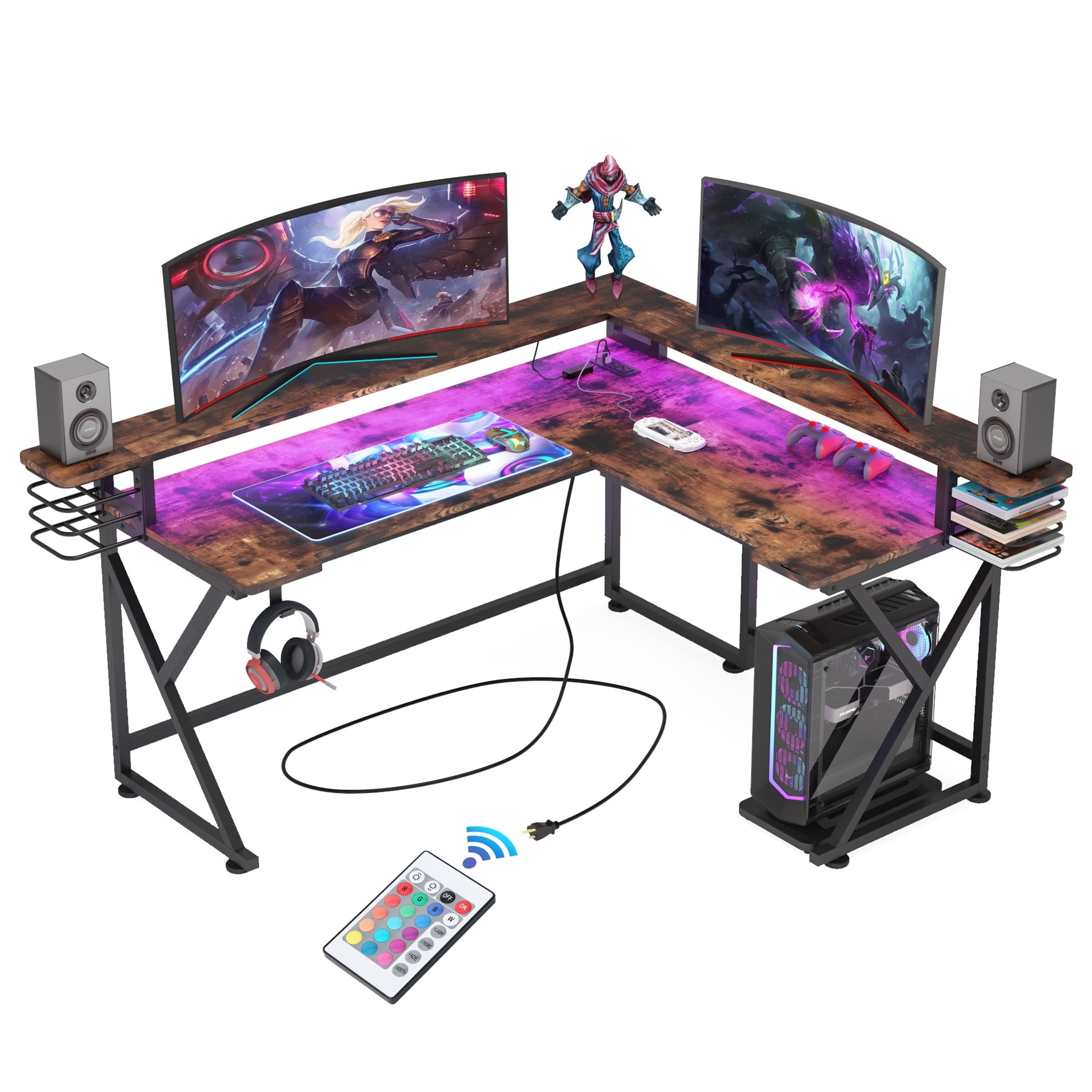 Tribesigns L-Shaped Gaming Desk with Power Outlet and Led Lights