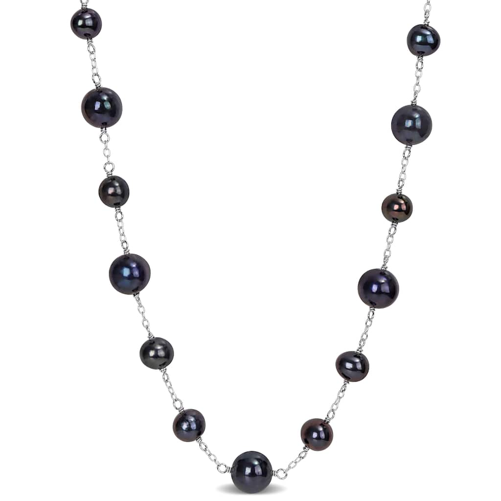 Miadora 6.5-8.5mm Black Cultured Freshwater Pearl Station Necklace in Sterling Silver