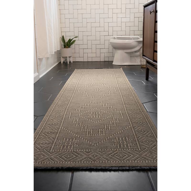 Alameda Solid Color Medallion Machine Washable Indoor Area Rug - 2'3'' x 7'7'' - Brown/Coffee