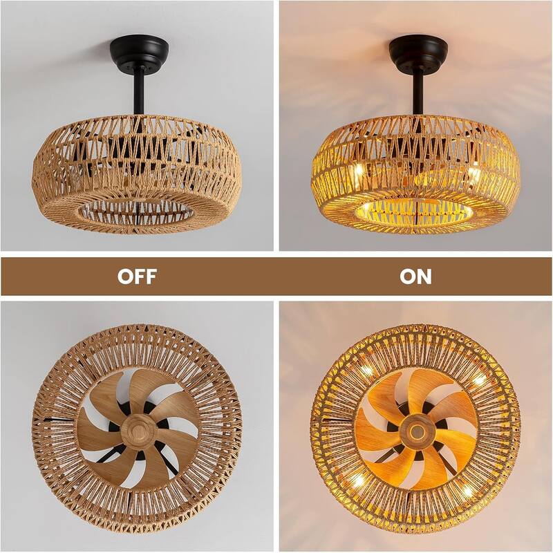 20" Boho Caged Ceiling Fan with Lights Remote Control Rattan Low Profile Ceiling Fan Farmhouse Ceiling Fansfor Kitchen Bedroom