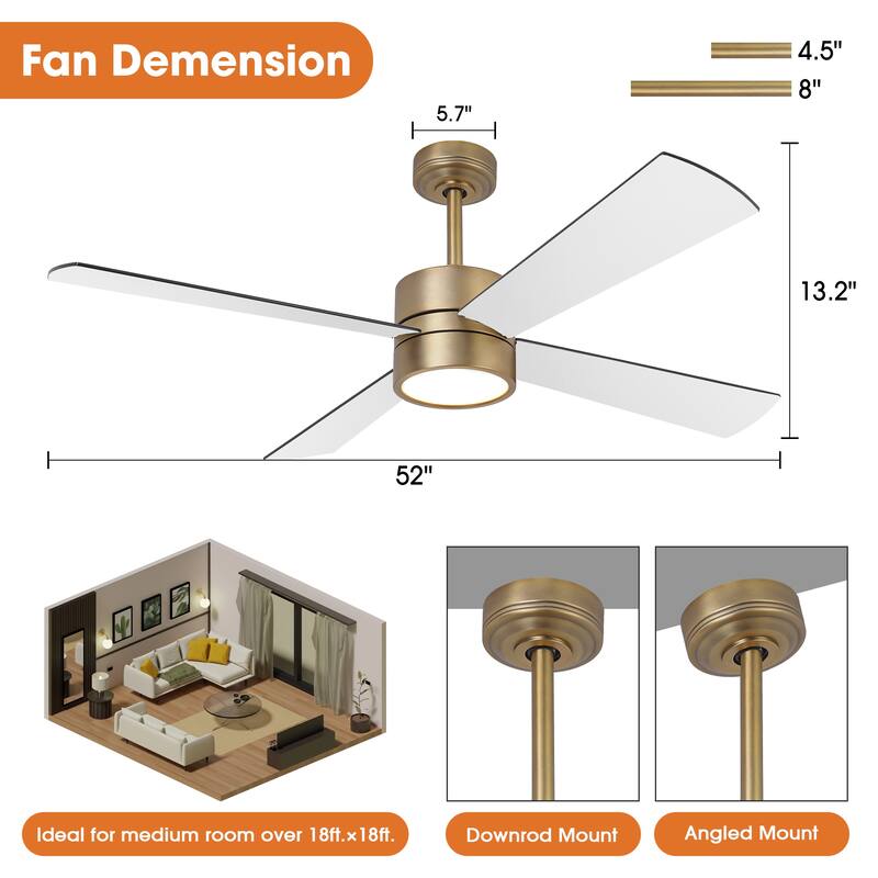 52" Modern Gold Integrated LED Dimmable Reversible Smart Ceiling Fan with RGB Light, Remote and APP Control
