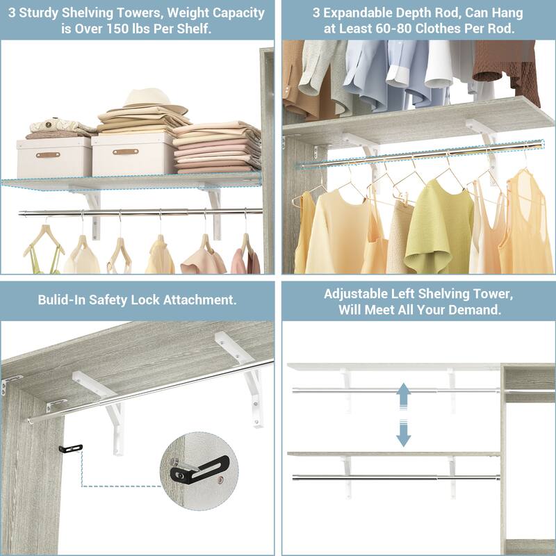 20'' to 96'' W Adjustable DIY Closet Organizer for Walk-in and Reach-in Closet System - 20.2'' to 96'' W