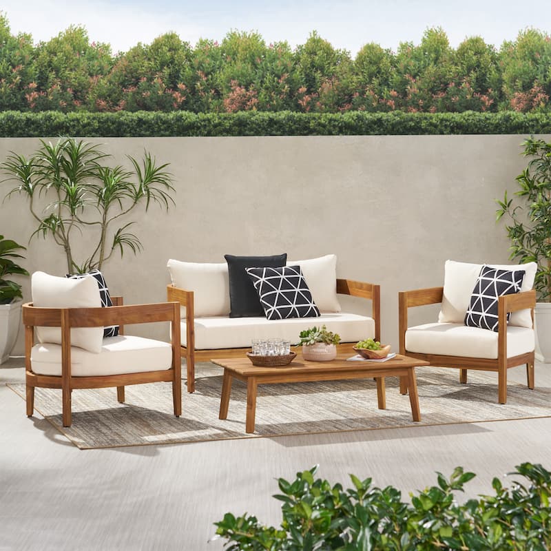 Brooklyn Outdoor Acacia Wood 4 Seater Chat Set with Cushions by Christopher Knight Home - Teak Finish + Beige Cushion