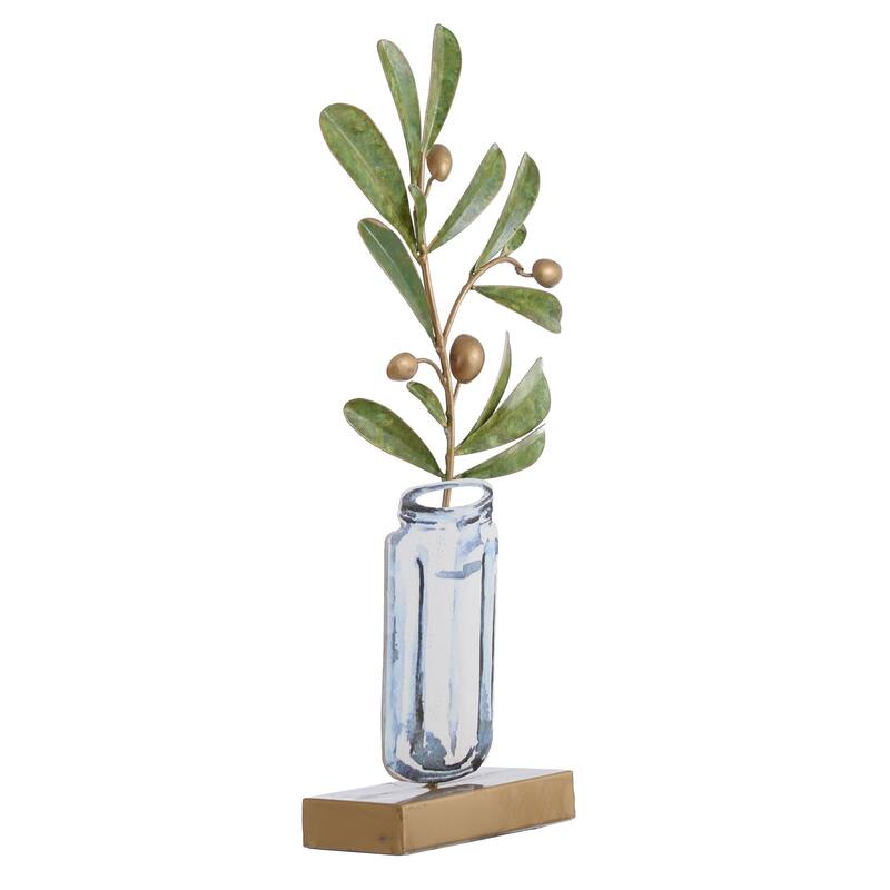 Planted Stem Metal Table Top Art of Green Plant Stem with Gold Buds in Jar - 3"D x 10"W x 20"H - 3"D x 10"W x 20"H