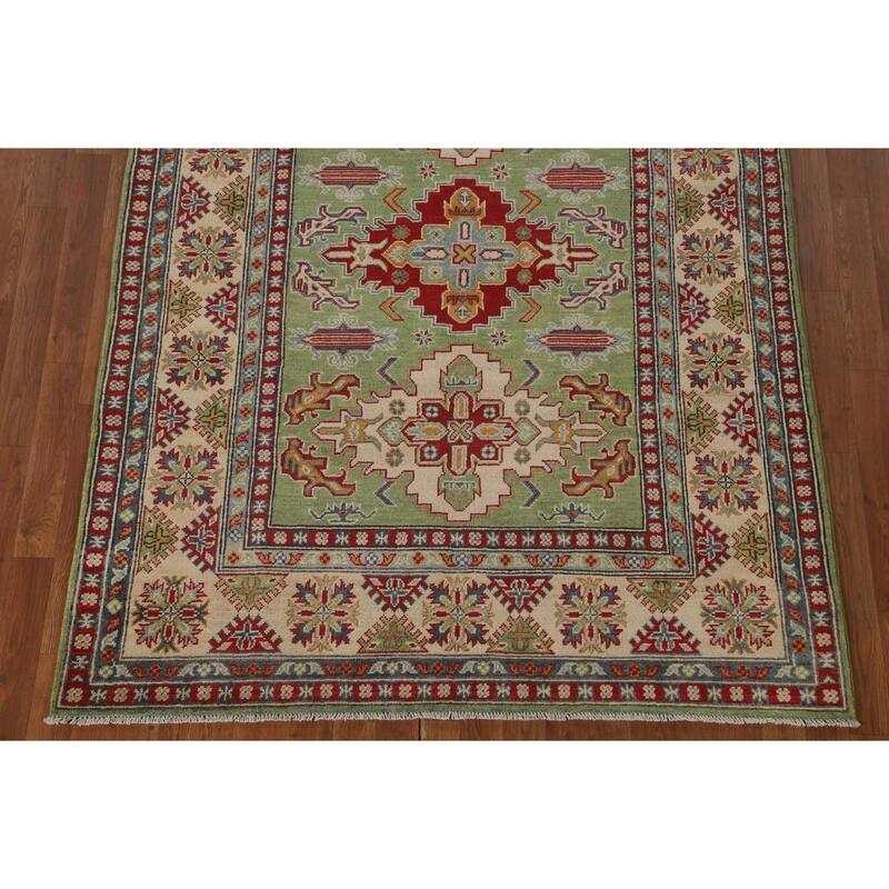 Light Green Geometric Kazak Area Rug Handmade Wool Carpet - 5'0" x 7'0"