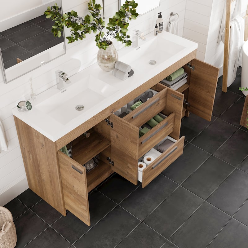 Lugano 72"W Natural Oak Freestanding Bath Vanity with Acrylic Top