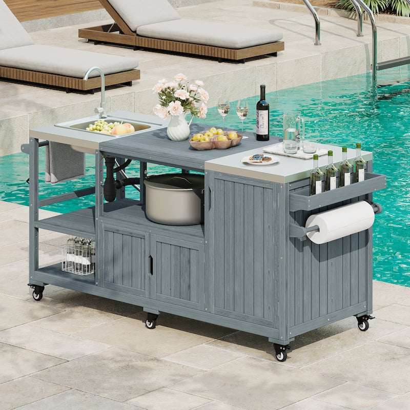 Kitchen Island with Sink, Grill Cart for Big Green Egg Grills, Rolling Bar Cart with Stainless Steel Top for Pizza Prep and BBQ