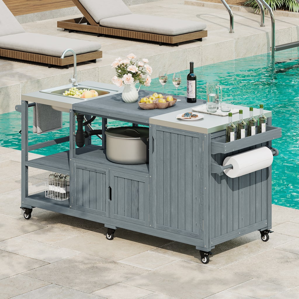 Roomfitters 75.4" Outdoor Kitchen Island with Sink, Fir Wood Grill Cart for XL Green Egg & Tabletop Grills