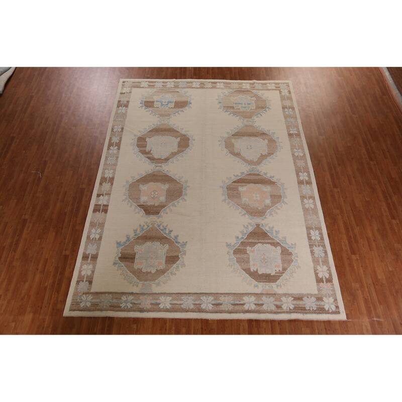 Hand Knotted Oriental 100% Wool Carpet Transitional Geometric Beige & Ivories Oushak Area Rug - 13' 6'' X 10' 3''