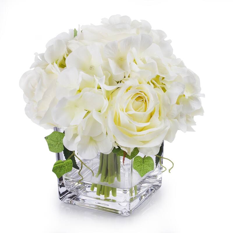 Enova Home Artificial Silk Hydrangea and Fake Roses Flowers Arrangement in Cube Glass Vase with Faux Water for Home Decoration - cream