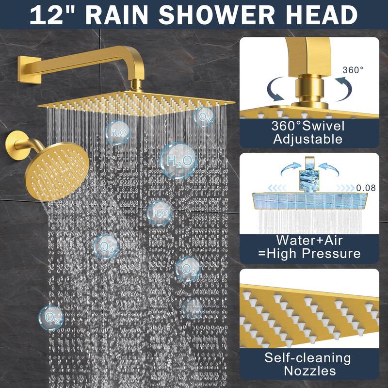 Thermostatic Dual Shower System 12" and 6" Rainfall Shower Head with 6 Body Jets & Handheld Shower